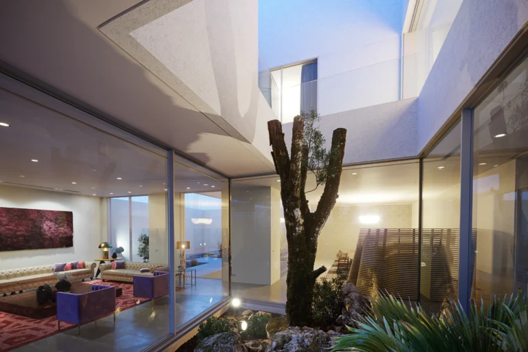 3d architectural interior rendering of modern living room with glass walls