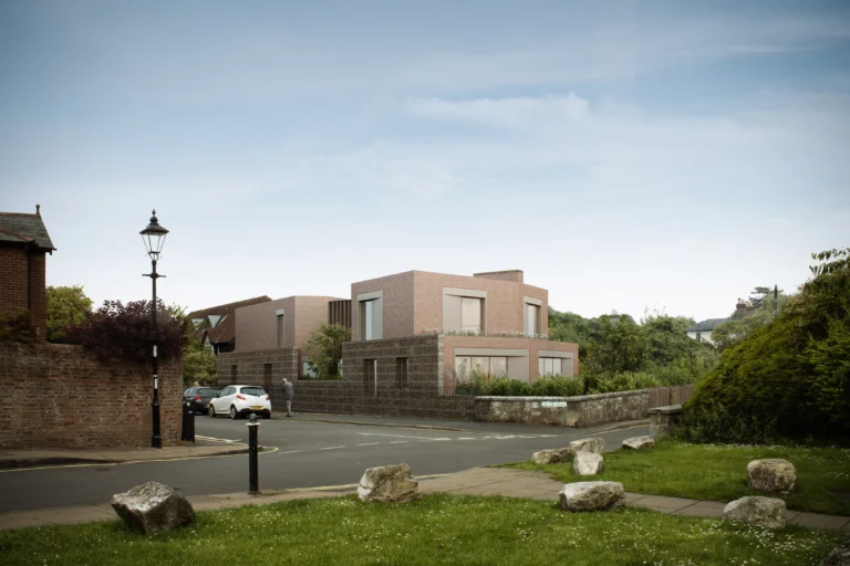 3d architectural exterior rendering of a brick house on a quiet street corner